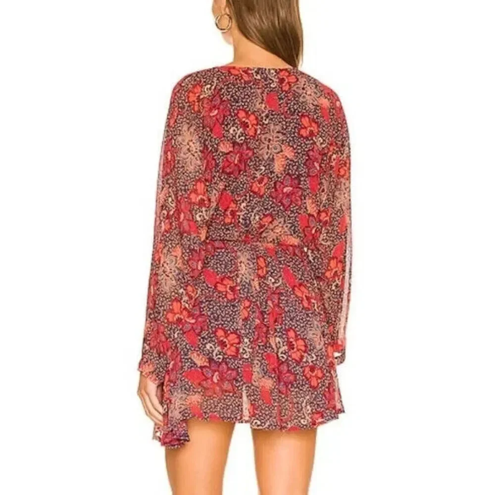Free People Women's Peach Combo Floral V-Neck Long Sleeve Teegan Mini Dress Sz M - Picture 2 of 6